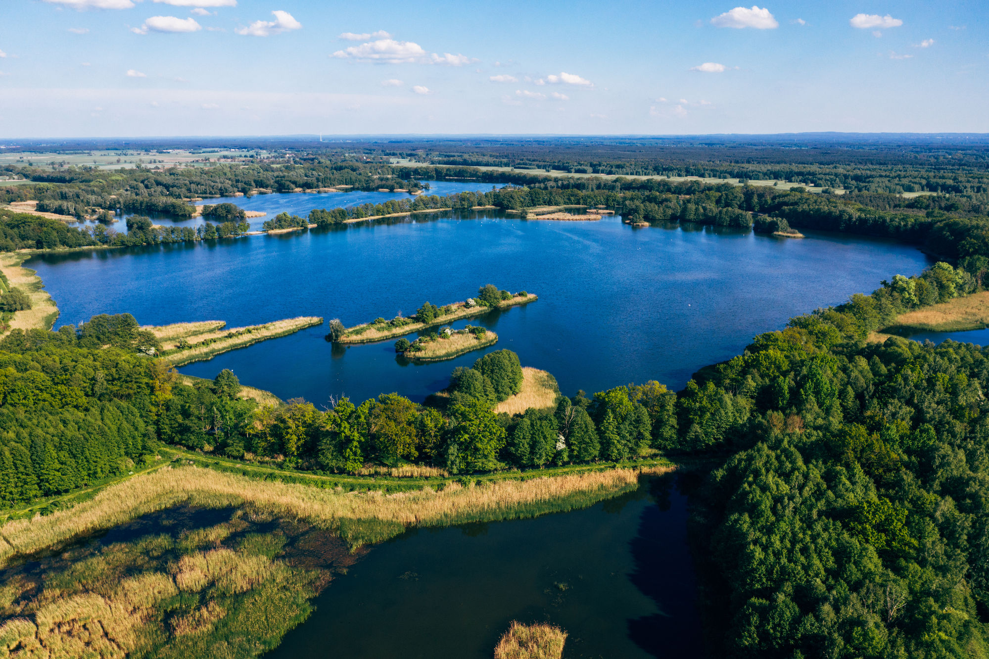 Panorama jeziora z wyspami porośniętymi trzciną, otoczonego lasami i polami, widziana z lotu ptaka